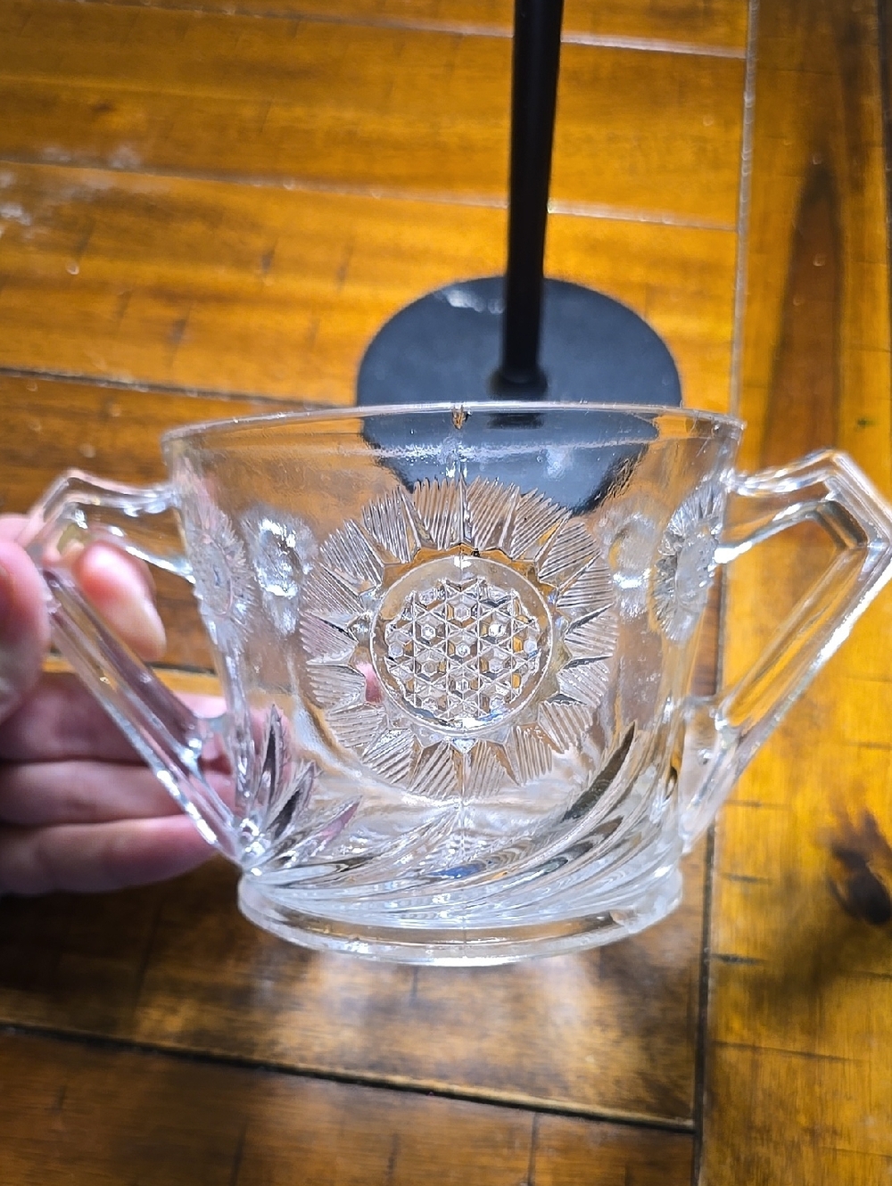 Clear Pressed Glass Sugar Bowl with Handles - Sunburst Pattern Small chip.